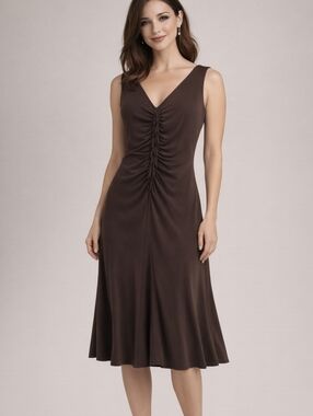 Joseph Ribkoff Fit And Flare Dress Size 6 Sleeveless Brown Pleated Stretch Maxi